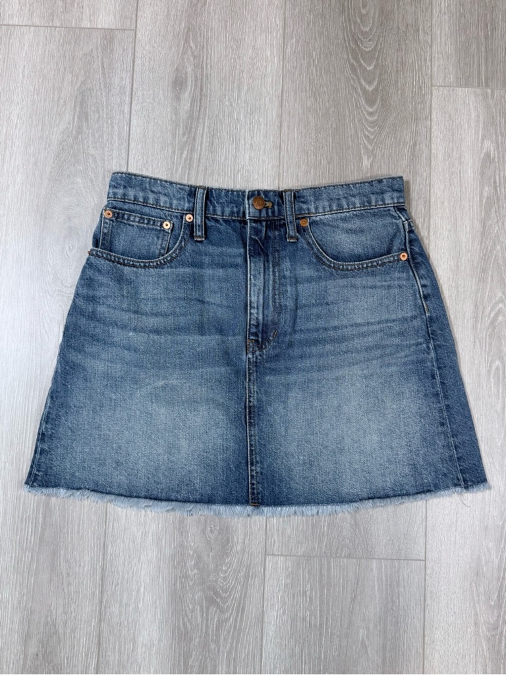 Madewell Rigid Denim A-Line Skirt with Fringe Hem, Sz 28